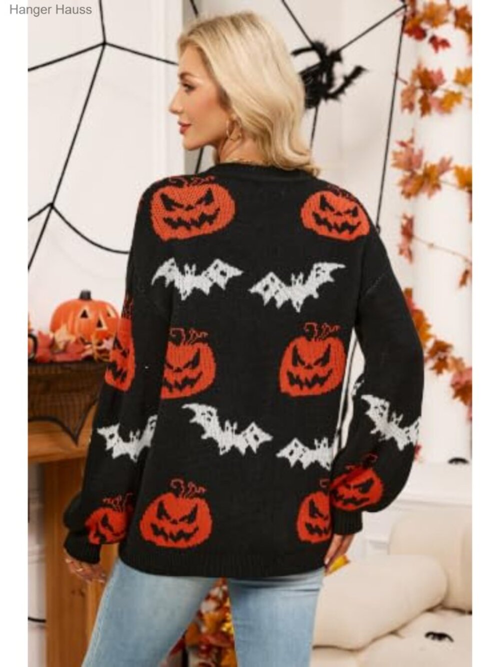 Halloween Pumpkin Bat Knit Cardigan Button Front V-Neck Loose Sweater - Picture 3 of 5